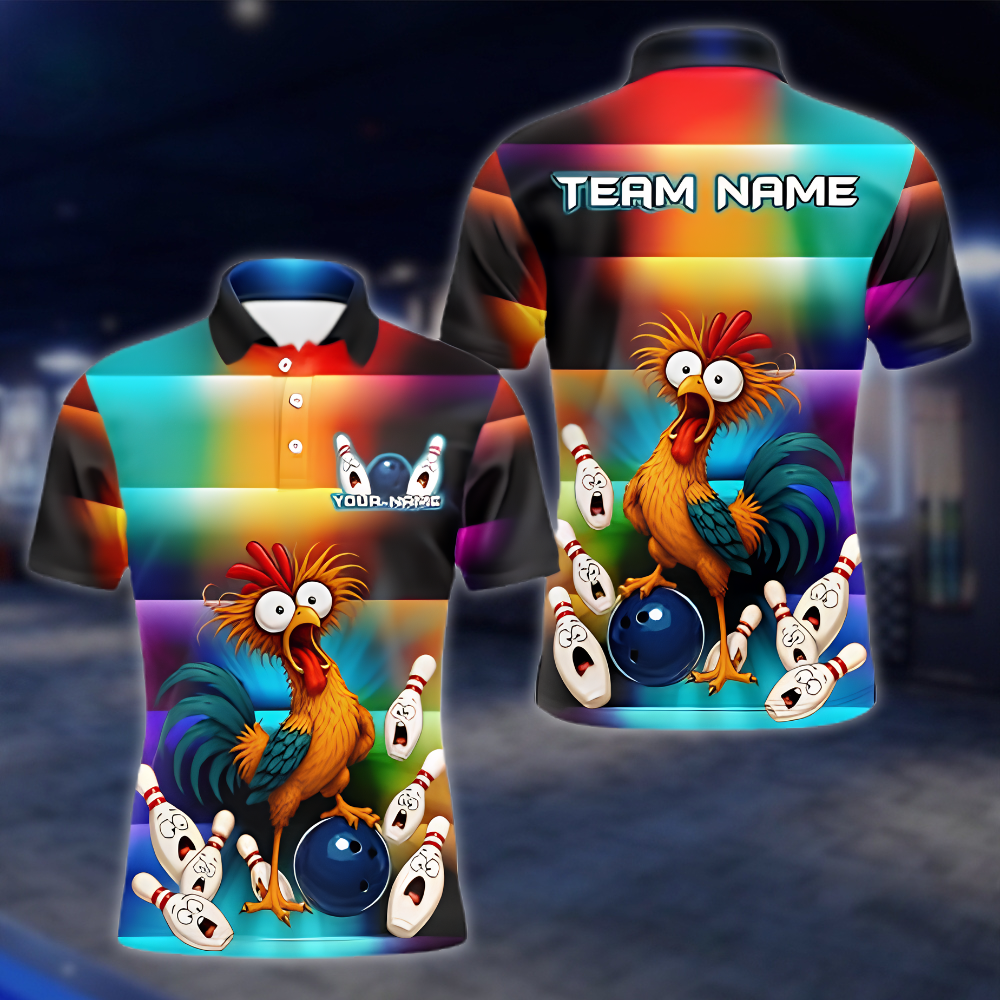 Personalized Funny Rooster Colorful Bowling Polo Shirt Men, Custom Chicken Bowling Team Shirts BZ0890 BOW0053