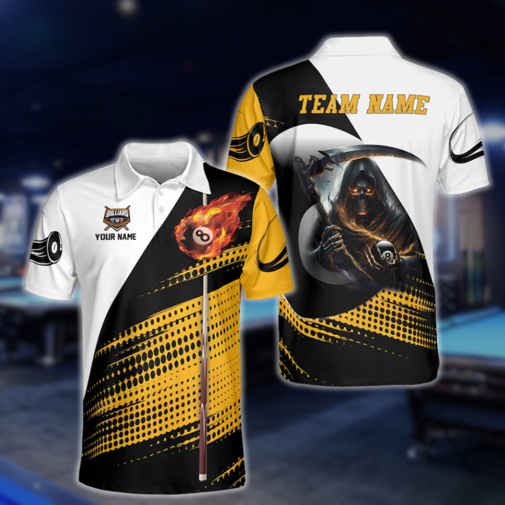 Custom Skull Black Yellow Billiard Men's Polo Shirt, Custom Skull Billiard Team Shirts BLD0083