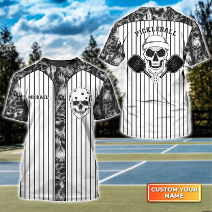 Skull Vertical Stripes Personalized Name 3D Tshirt QB95 Gift For Pickleball Player PKL0152