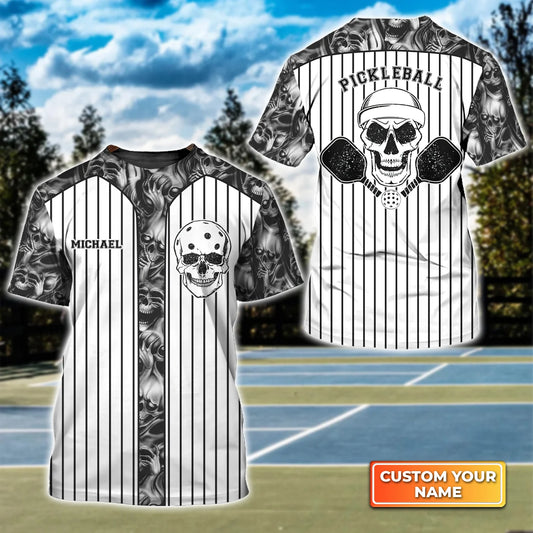 Skull Vertical Stripes Personalized Name 3D Tshirt QB95 Gift For Pickleball Player PKL0152