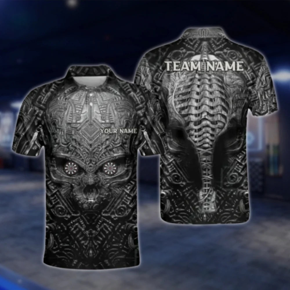 Custom Skull Black Grey Dart Polo Shirt Mens, Custom Team Skeleton Dart Shirts DAT0266