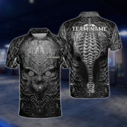 Custom Skull Black Grey Dart Polo Shirt Mens, Custom Team Skeleton Dart Shirts DAT0266