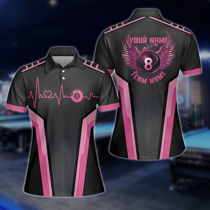 Custom Black Pink 8 Ball Billiard Polo Shirt Women, Custom 8 Ball Billiard Team Shirts For Ladies BLD0023