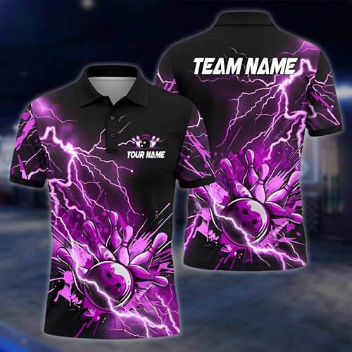 Personalized Purple Thunder Bowling Polo Shirt For Men, Custom Thunder Bowling Team Shirt BZ0876 BOW0070