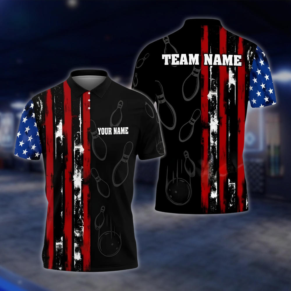 Personalized American Flag Bowling Polo Shirt Men Black, Custom Patriotic Bowling Shirt For Team BZ0867 BOW0079