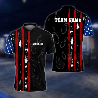 Personalized American Flag Bowling Polo Shirt Men Black, Custom Patriotic Bowling Shirt For Team BZ0867 BOW0079