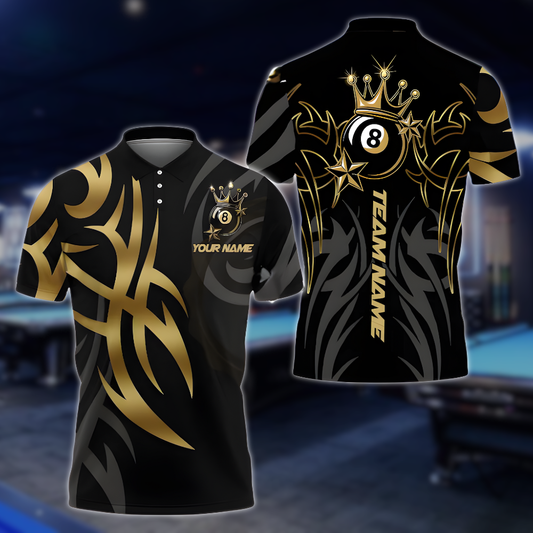 Custom King 8 Ball Black And Gold Billiard Polo Shirt Mens, Custom 8 Ball Pool Team Shirts BLD0126