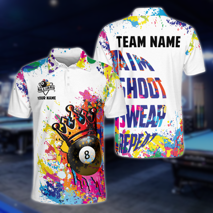 Aim Shoot Swear Repeat Custom Colorful 8 Ball Billiard Men's Polo Shirt, Custom Funny Billiard Shirts For Team BLD0113