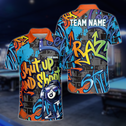 Shut Up And Shoot Custom Graffiti 8 Ball Billiard Polo Shirt Mens, Custom Funny 8 Ball Pool Team Shirts BLD0117
