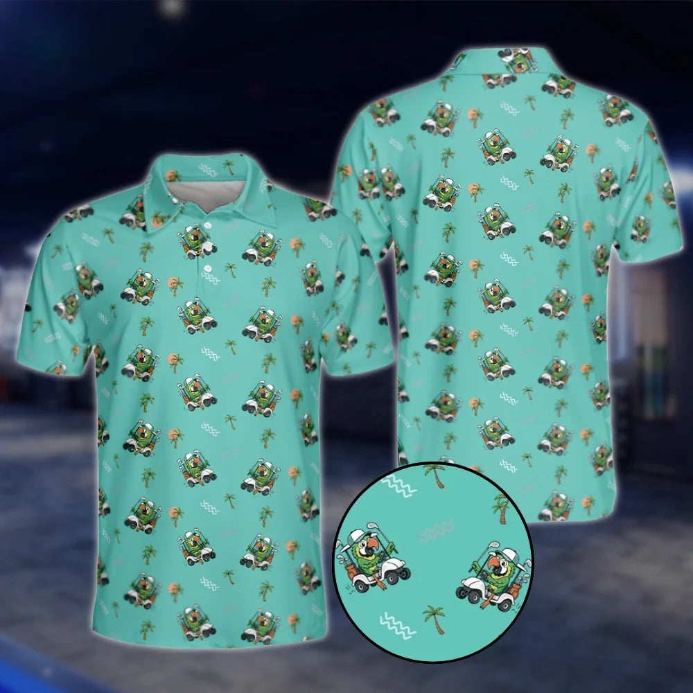 Parrot Palm Tree Men's Teal Golf Polo Shirts, Parrot Golf Shirts GOF0222
