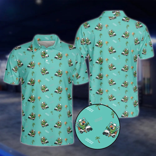 Parrot Palm Tree Men's Teal Golf Polo Shirts, Parrot Golf Shirts GOF0222