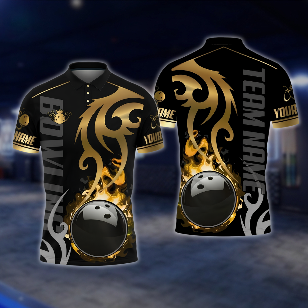 Personalized Flame Black Gold Bowling Polo Shirt, Custom Flame Bowling Shirt For Team BZ0905 BOW0038