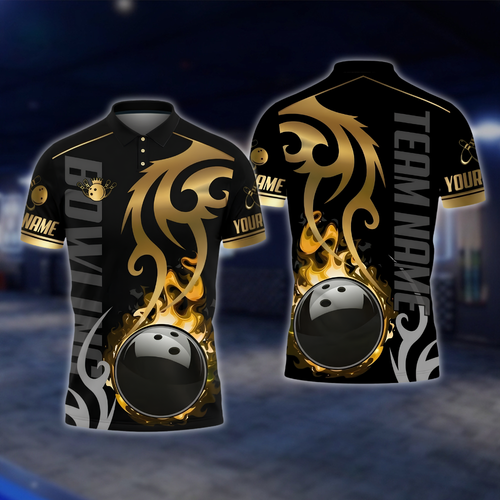Personalized Flame Black Gold Bowling Polo Shirt, Custom Flame Bowling Shirt For Team BZ0905 BOW0038
