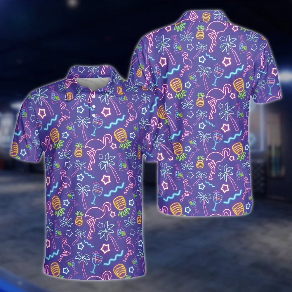 Neon Flamingo Pineapple Tropical Mens Purple Golf Polo Shirts, Flamingo Golf Shirt GOF0200