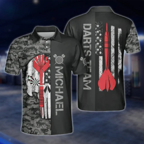 Personalized Skull Camo Black Dart Polo Shirt For Men, Custom Skull Dart Team Shirts DAT0240
