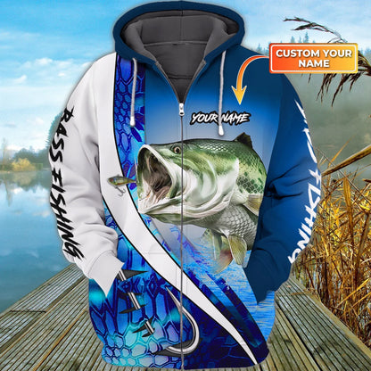 Bass Fishing 15 - Personalized Name 3D Zipper Hoodie FISH0089
