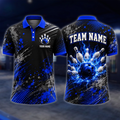 Personalized Thunder Bowling Mens Polo Shirts Black And Blue, Custom Thunder Bowling Team Shirts BE0241 BOW0084