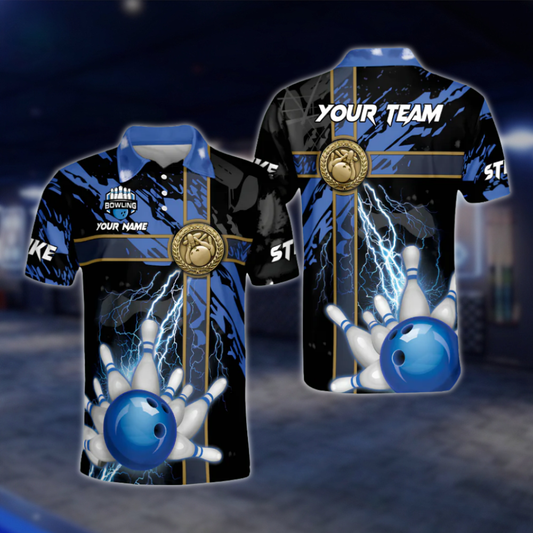 Custom Thunder Blue Black Polo Bowling Team Shirts For Men, Custom Team Bowling Shirts BM0293 BOW0444