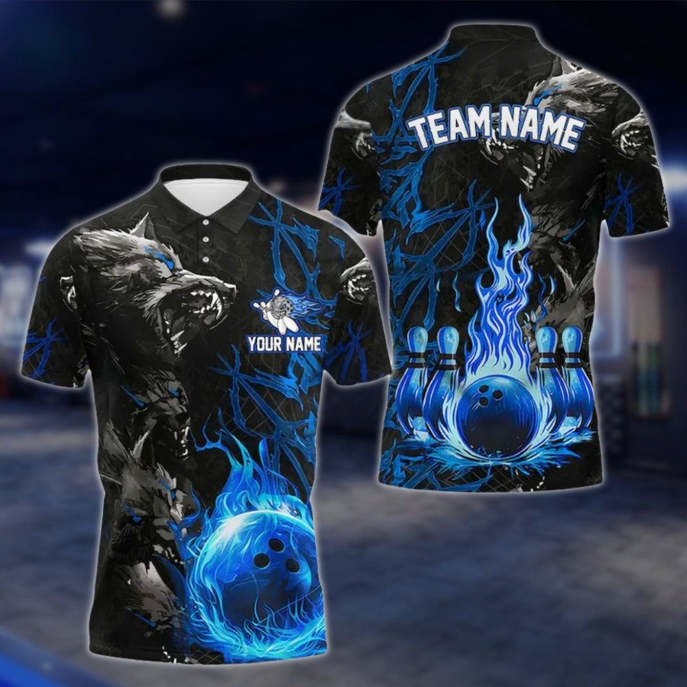 Custom Wolf Flame Ball Bowling Mens Polo Shirt, Custom Wolf Bowling Team Shirts BE0105 BOW0266