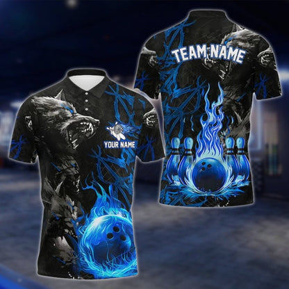 Custom Wolf Flame Ball Bowling Mens Polo Shirt, Custom Wolf Bowling Team Shirts BE0105 BOW0266