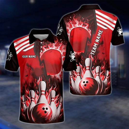 Custom Fire Pins And Ball Bowling Polo Shirt For Mens, Custom Flame Bowling Shirts Team BZ0180 BOW0492