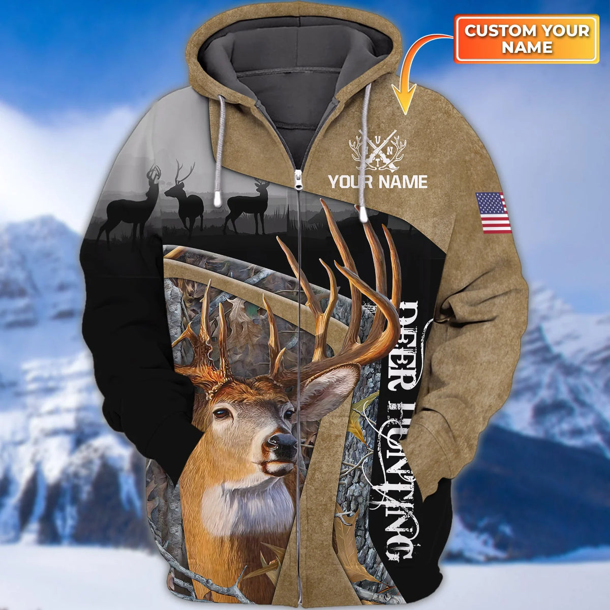 Deer Hunting America Flag - Personalized Name 3D Zipper hoodie HNT0119