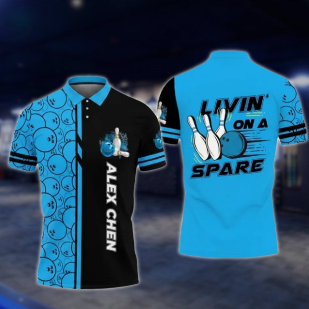 Livin' On A Spare Custom Blue Black Mens Bowling Polo Shirt, Custom Funny Bowling Shirts BO0422 BOW0253