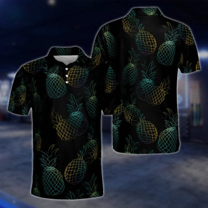 Men's Neon Pineapple Black Golf Polo Shirts, Pineapple Golf Shirts GOF0264