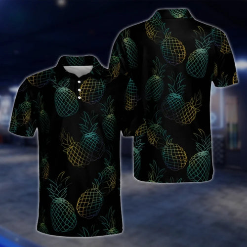 Men's Neon Pineapple Black Golf Polo Shirts, Pineapple Golf Shirts GOF0264