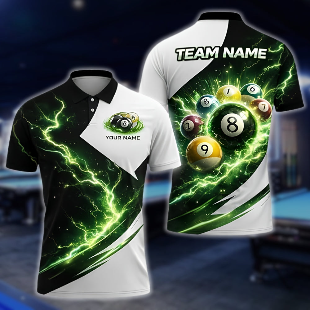 Custom Team Thunder Lightning Billiard Men Polo Shirt Green White, Custom Billiard Shirts BLD0047