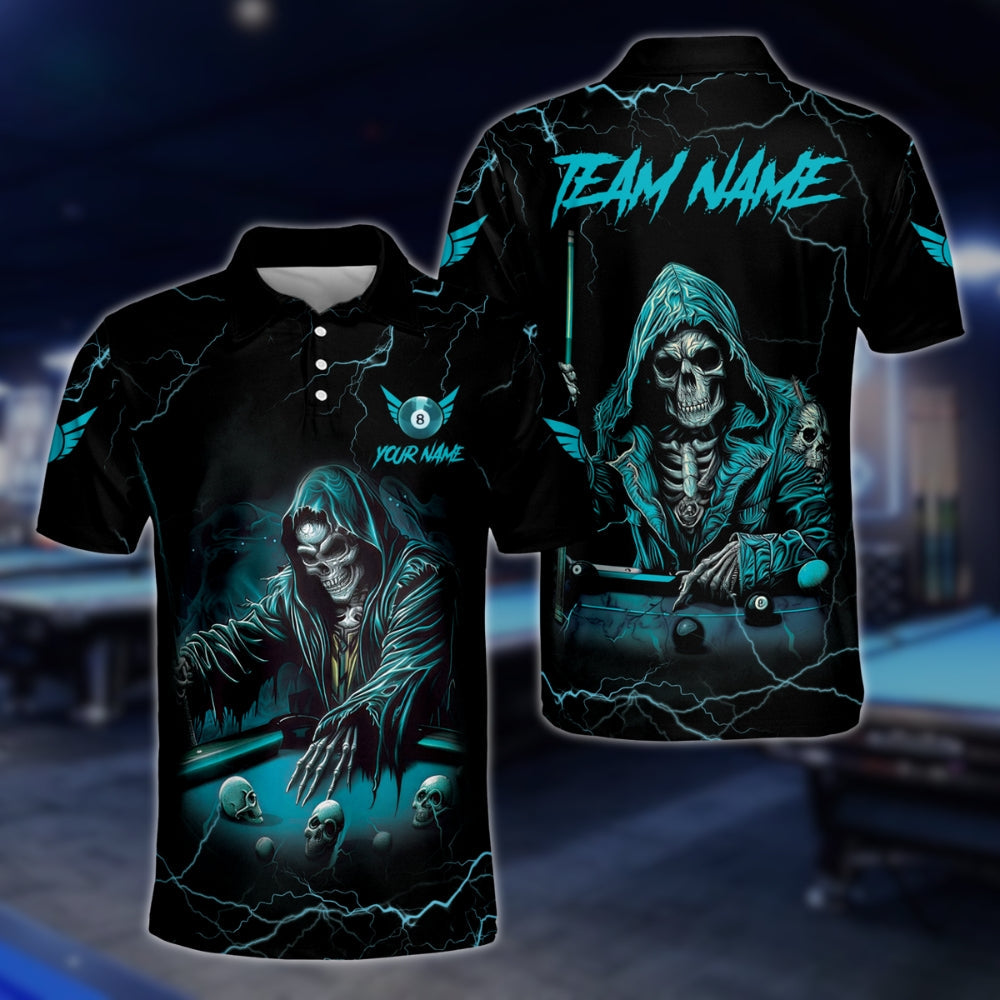 Custom Cyan Skull Billiard Polo Shirt For Mens, Custom Team Skull Billiard Shirts BLD0146