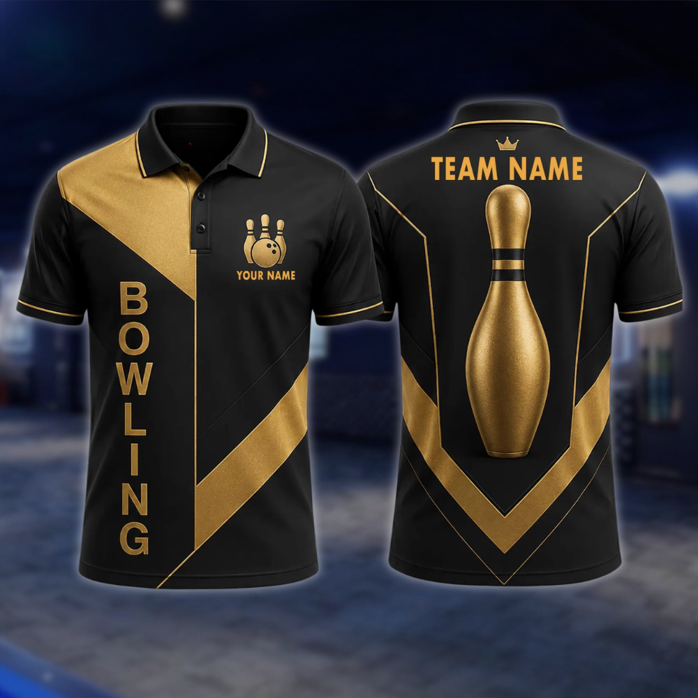 Personalized Men's Team Bowling Polo Shirt Black And Gold, Custom Bowling Team Shirts BE0240 BOW0085