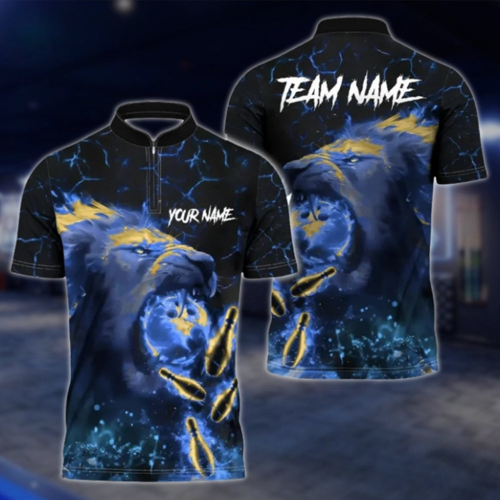 Personalized Lion Flame Blue Bowling Polo Shirt For Men, Custom Lion Bowling Shirt For Team BZ0731 BOW0186