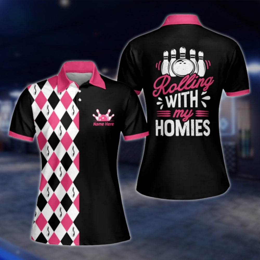 Rolling With My Homies Custom Womens Argyle Pink Black Bowling Polo Shirt, Custom Funny Women Bowling Shirt With Name BW0089 BOW0207