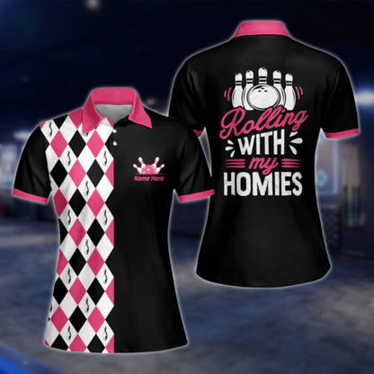 Rolling With My Homies Custom Womens Argyle Pink Black Bowling Polo Shirt, Custom Funny Women Bowling Shirt With Name BW0089 BOW0207
