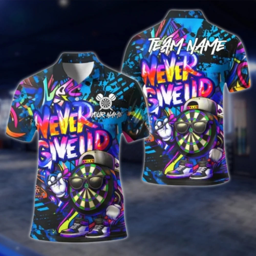 Never Give Up Funny Dartboard Custom Mens Graffiti Dart Polo Shirt, Custom Funny Darts Shirt For Team DAT0380