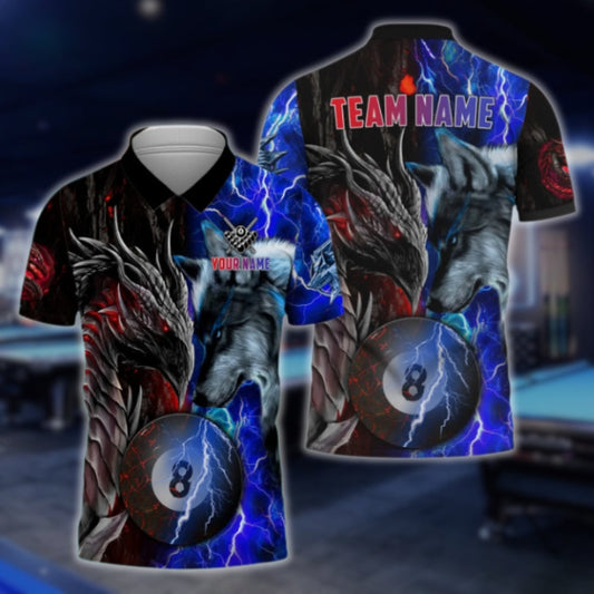 Custom Dragon Wolf Billiard Men Polo Shirt Blue And Red, Custom Wolf Dragon Billiard Team Shirts BLD0038