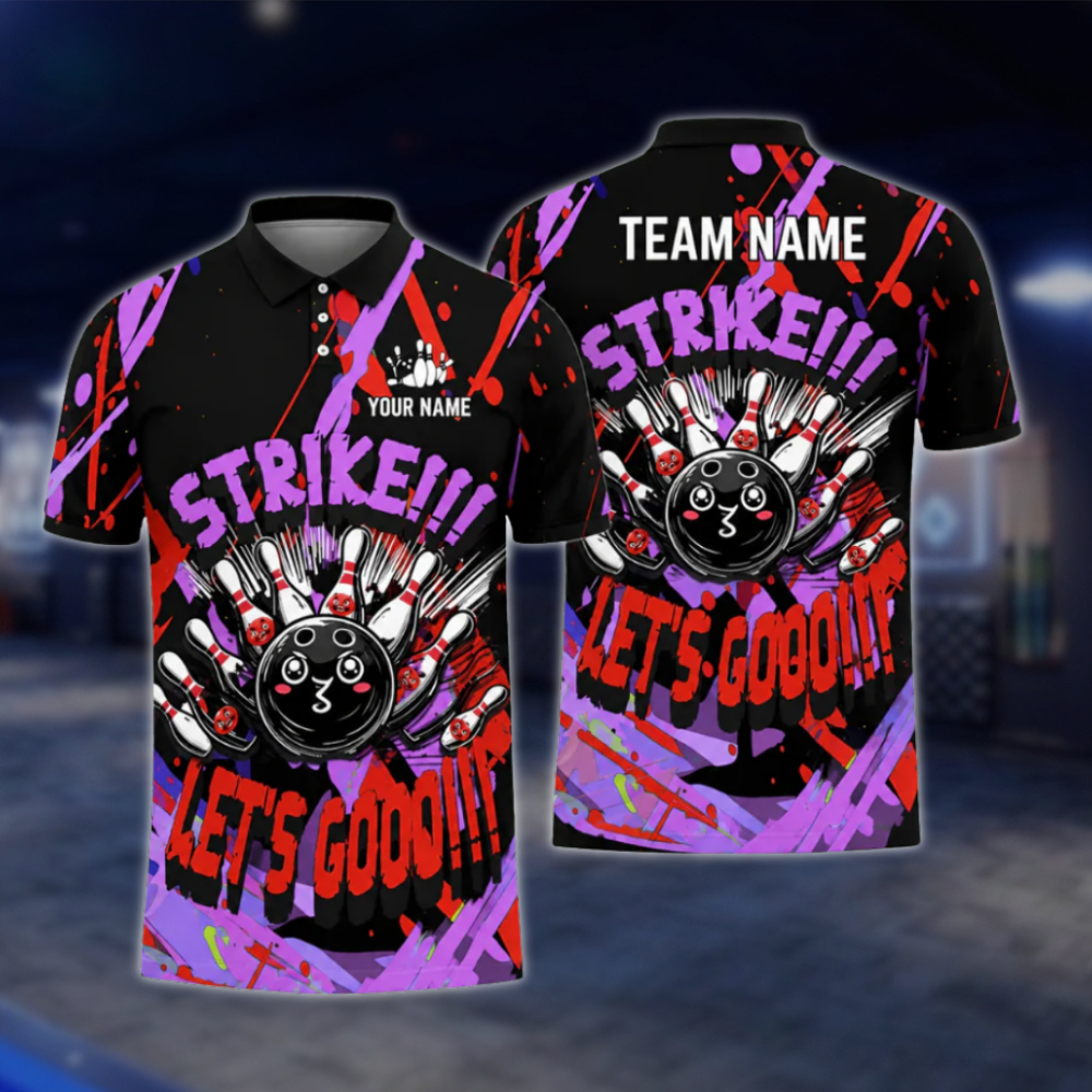 Strike Let's Go Custom Graffiti Red Yellow Bowling Polo Shirt Mens, Custom Funny Bowling Team Shirts BZ0477 BOW0411