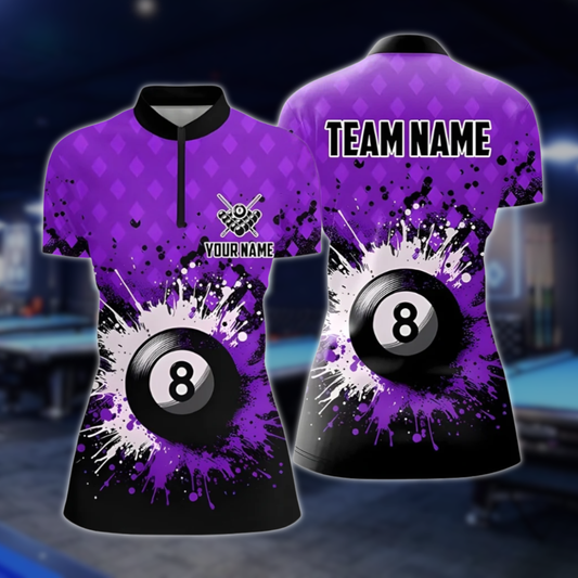 Custom 8 Ball Purple Billiard Jersey For Ladies, Women's Custom 8 Ball Billiard Team Shirts BLD0173