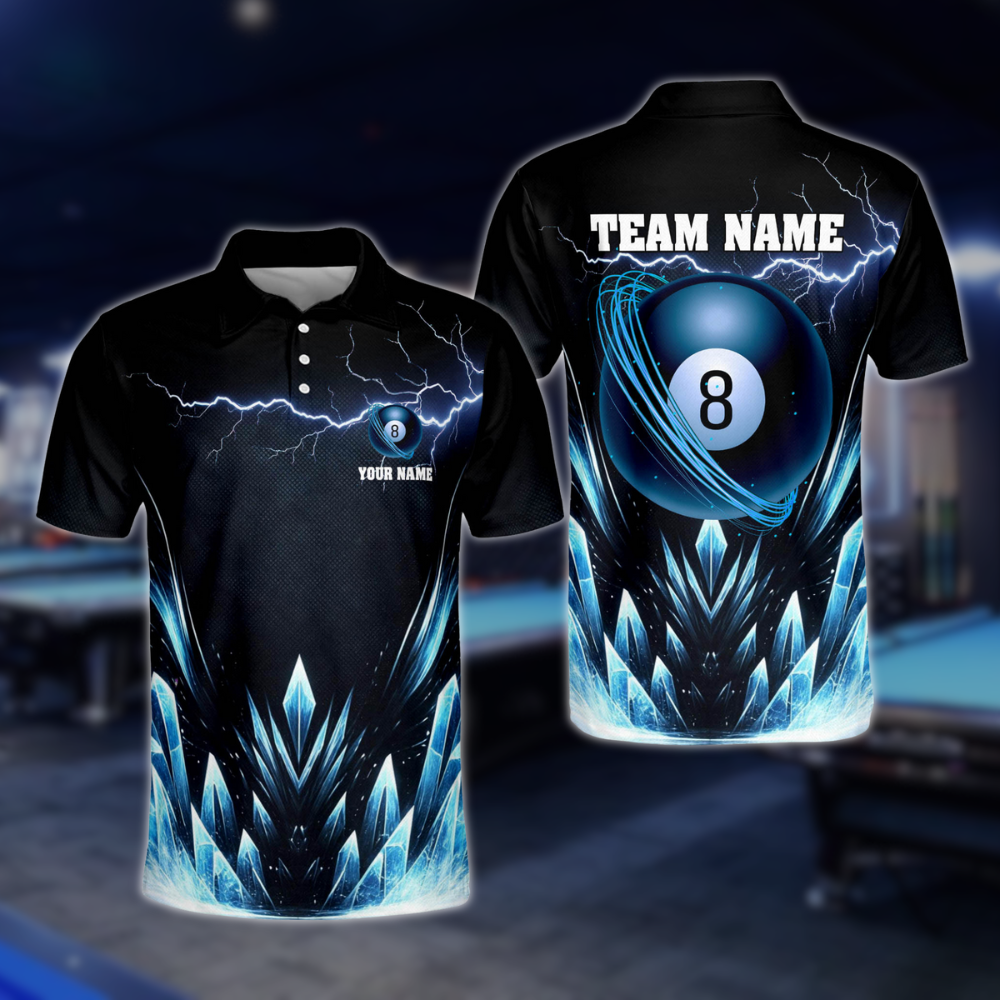 Custom Blue Icy 8 Ball Billiard Men's Polo Shirt, Custom 8 Ball Billiard Shirts For Team BLD0118