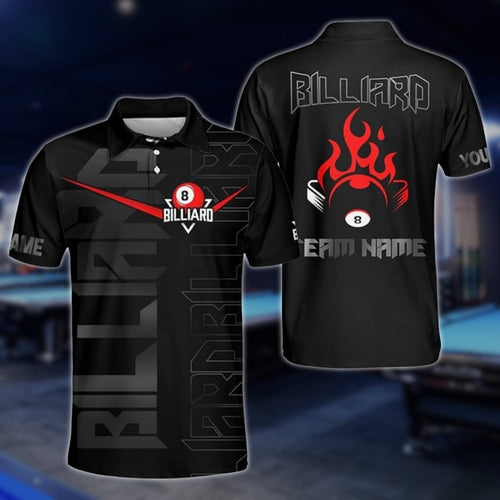 8 Flame Ball Custom Black And Red Billiard Polo Shirt Mens, Custom 8 Ball Pool Team Shirts BLD0015