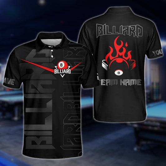 8 Flame Ball Custom Black And Red Billiard Polo Shirt Mens, Custom 8 Ball Pool Team Shirts BLD0015