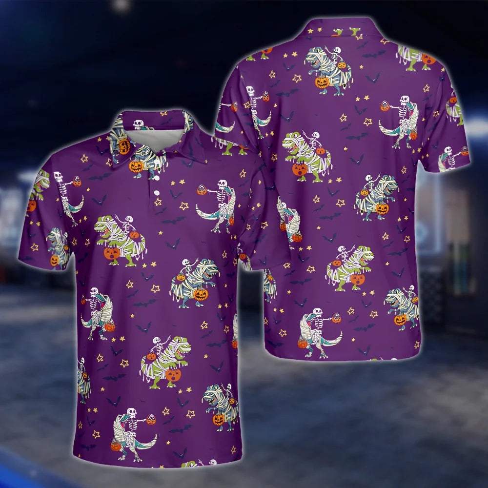 Dinosaur Skeleton Purple Mens Golf Polo Shirt, Halloween Golf Shirt For Men GOF0162