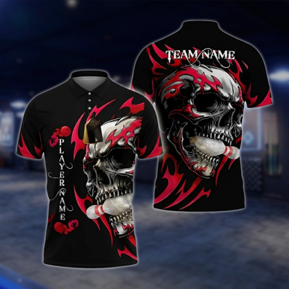 Personalized Skull Red Black Bowling Mens Polo Shirt, Custom Skull Bowling Shirt For Team BZ0795 BOW0114