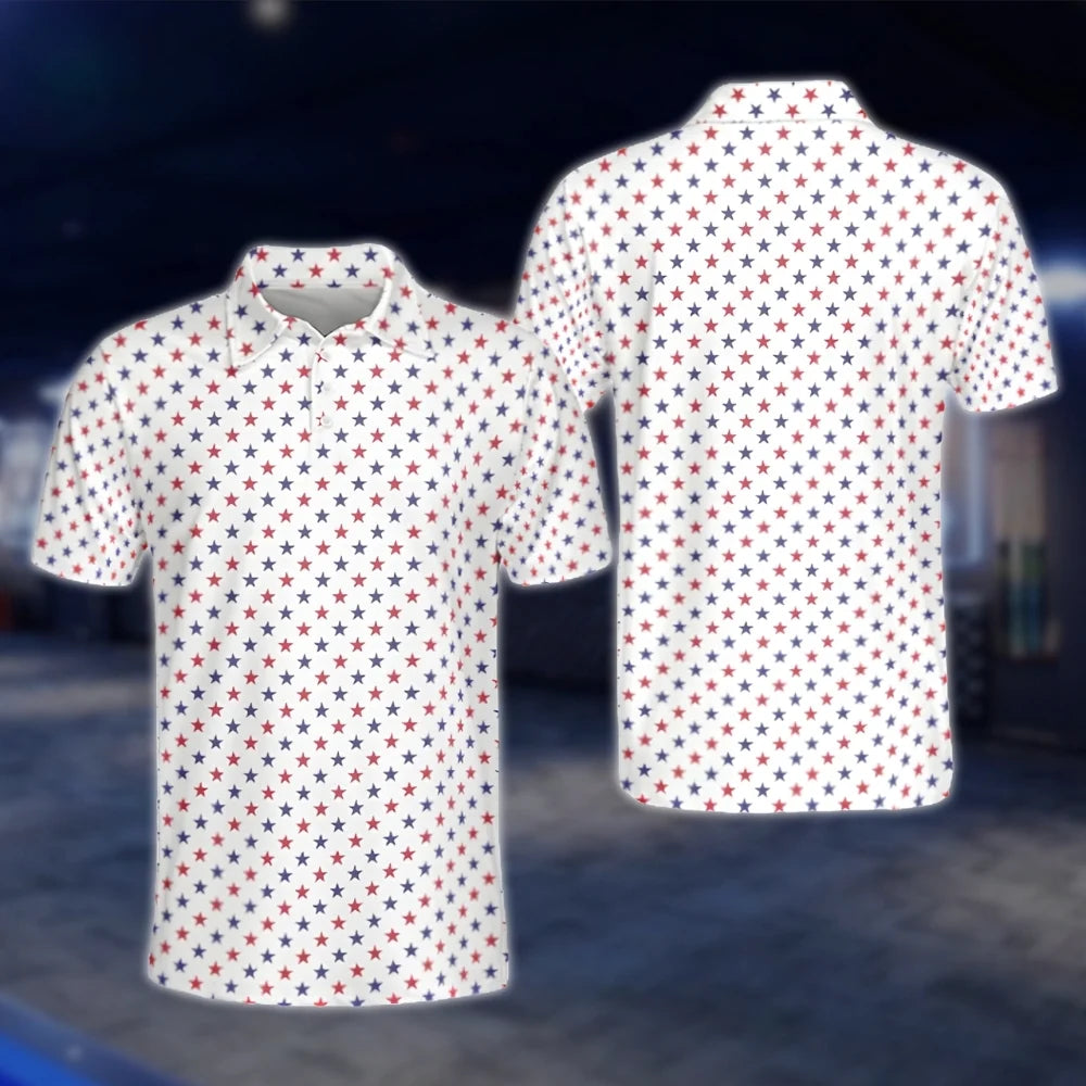 White Red Blue Star Golf Mens Polo Shirt, Patriotic 4th Of July Golf Shirt GOF0093