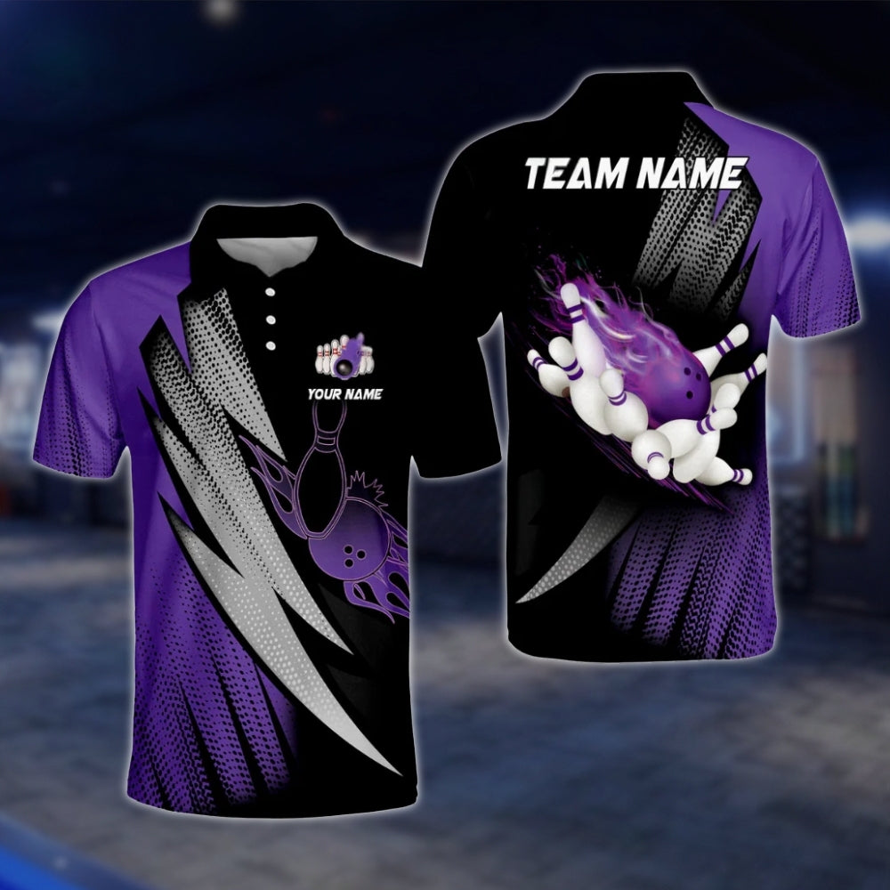 Custom Flaming Purple Black Men's Bowling Polo Shirt, Custom Flame Bowling Shirts For Team BO0376 BOW0233