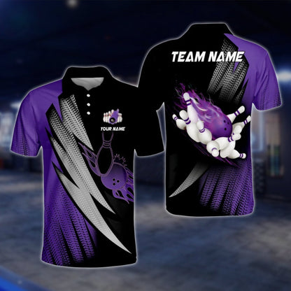 Custom Flaming Purple Black Men's Bowling Polo Shirt, Custom Flame Bowling Shirts For Team BO0376 BOW0233