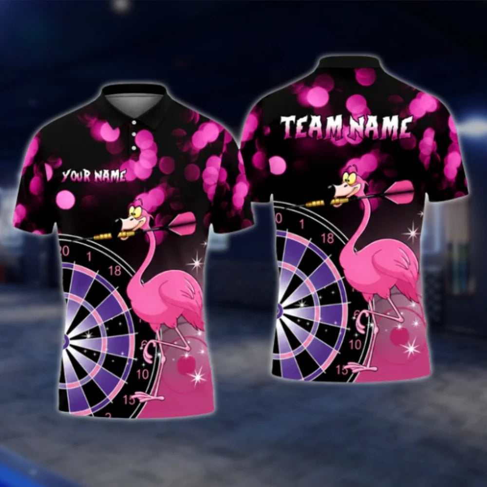 Custom Black And Pink Flamingo Dart Mens Polo Shirt, Custom Flamingo Dart Team Shirt DAT0460