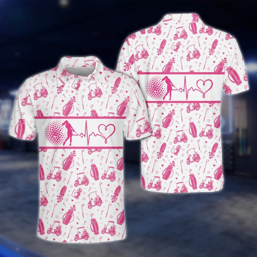 Men's Heartbeat Pink White Golf Polo Shirt, Pink Golf Mens Shirts GOF0023
