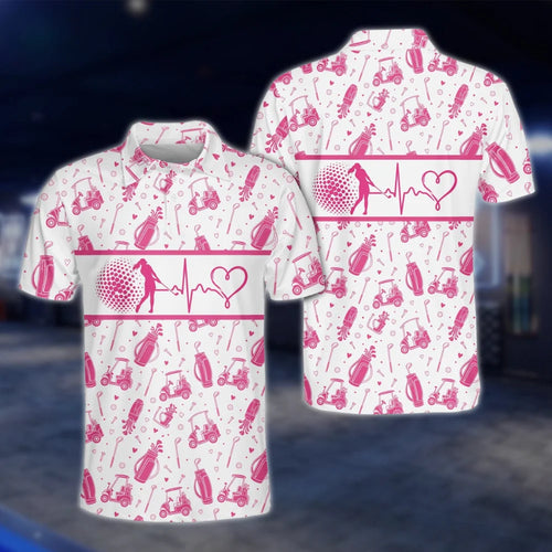 Men's Heartbeat Pink White Golf Polo Shirt, Pink Golf Mens Shirts GOF0023